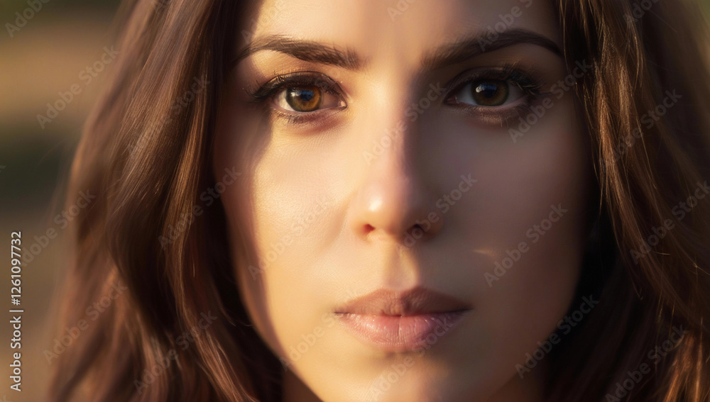 Fototapeta premium A close-up portrait of a woman with deep, intense eyes, her face bathed in the warm glow of sunset, creating soft shadows.
