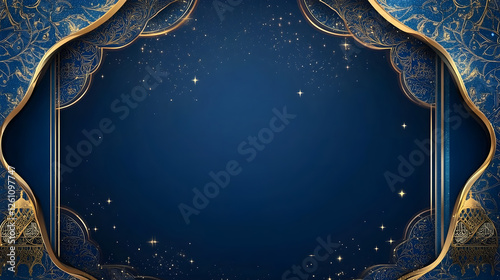 Lush blue Islamic background with golden accents and delicate patterned frames for religious banners