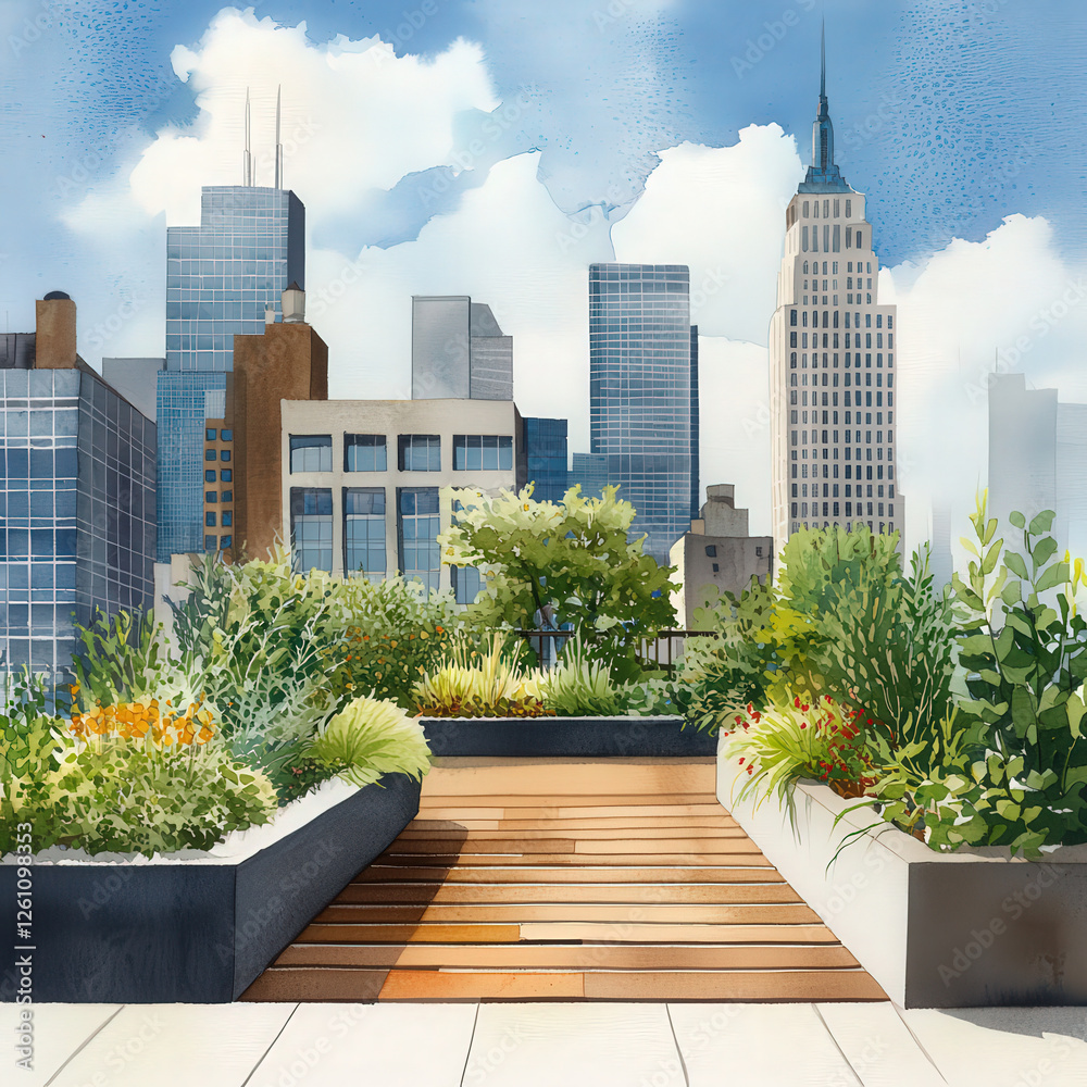 Fototapeta premium stunning watercolor of urban rooftop garden featuring vibrant plants, wooden pathways, and city skyline backdrop. scene evokes tranquility amidst urban life