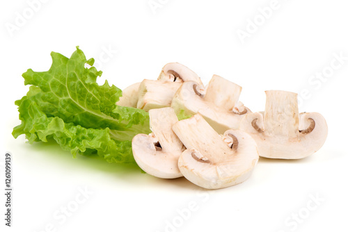 White champignons mushrooms, isolated on white background. photo