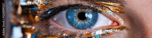 Close-up of Blue Eye with Gold and Silver Metallic Makeup