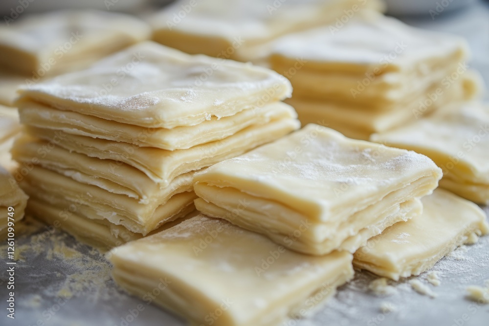 Close-up view of meticulously layered buttery pastry dough ready for baking. This versatile dough showcases perfect texture and light flouring, ideal for various recipes Close-up view of meticulously layered buttery pastry dough ready for baking. This versatile dough showcases perfect texture and light flouring, ideal for various recipes