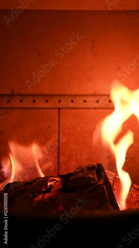 wood burns in the fireplace, the scene is warm. slow motion video
