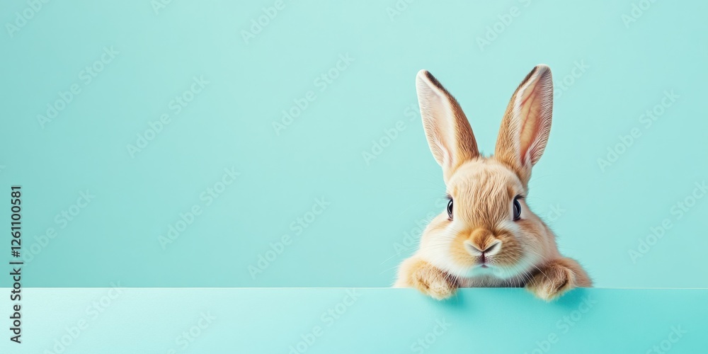 Obraz premium Curious rabbit peeking over turquoise background with upturned ears