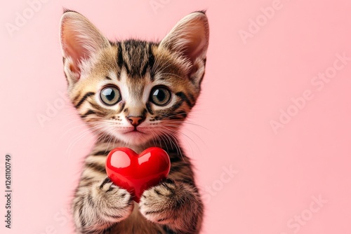 Ad concept art design. Ocicat - my treasured cat. Cute ocicat young cat with diamond red heart - sign of love, funny greeting card. Red ribbon kitten. Romantic furry photo. February pet love.