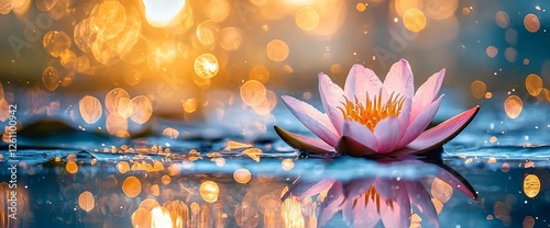 Peaceful lotus flower on water surface with bokeh background