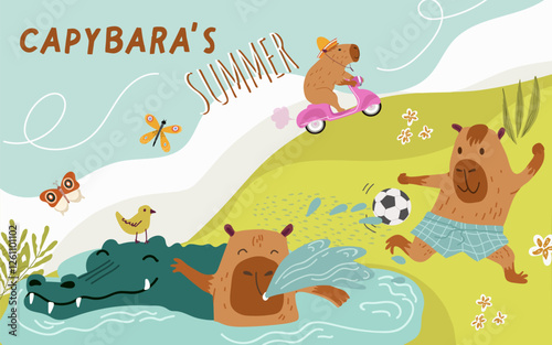 Collage, horizontal banner, background with cute capybara character, summer activities, scooter riding, swimming, crocodile, soccer game. Hand drawn vector.