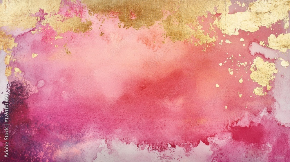 Fototapeta premium Abstract watercolor texture, gold accents, pink, red background; design element