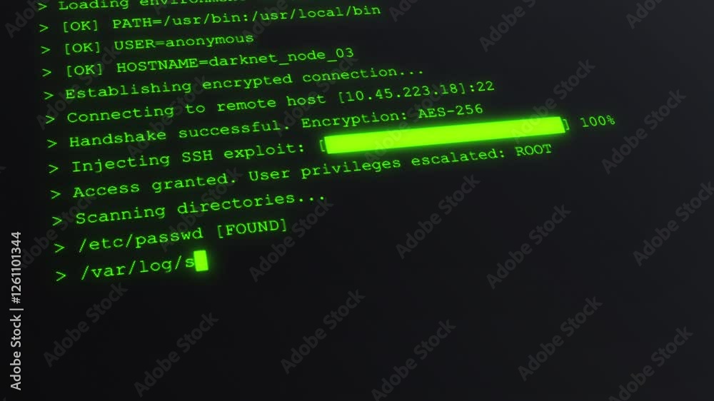 Hacker interface active: encryption bypassed, access granted. Encrypted fast scrolling programming. Hacker-style code in green terminal. System breach detected: unauthorized access in progress