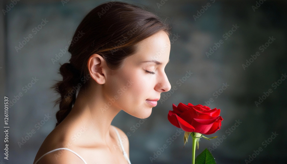 Naklejka premium Extreme close up portrait of a woman smelling a single red rose, her eyes half-closed, with the soft glow of natural light highlighting her face.