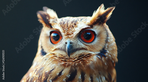 A captivating portrait of an owl with striking orange eyes, detailed plumage and feathery tufts against a dark background. photo