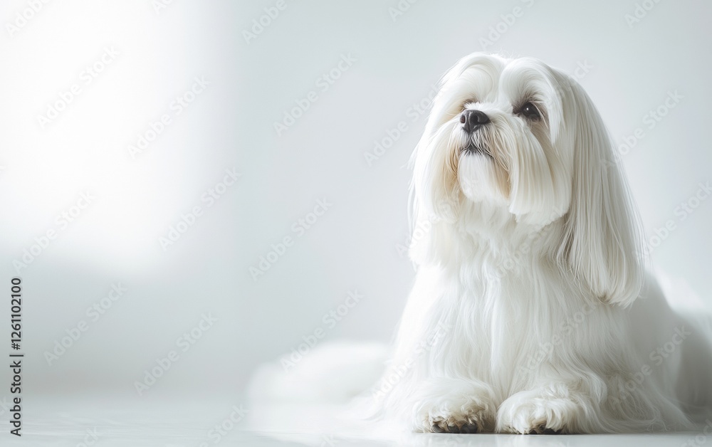 White fluffy dog lying gracefully in a bright indoor setting with sunlight streaming through the window White fluffy dog lying gracefully in a bright indoor setting with sunlight streaming through the window