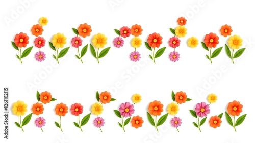 Pattern of flowers on a white background.  Сolor, pink, yellow, green