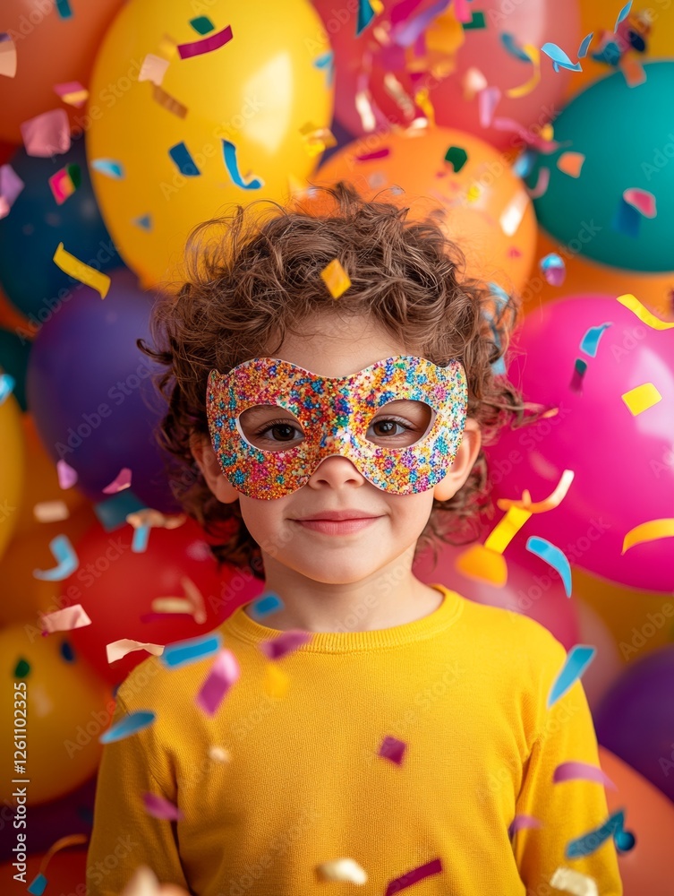 Obraz premium Child with Colorful Mask and Party Confetti 