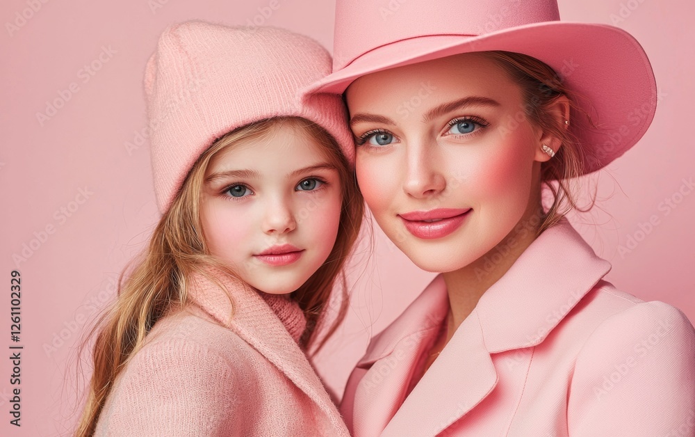 Mother and daughter share a tender moment in matching pink outfits in a soft pastel setting Mother and daughter share a tender moment in matching pink outfits in a soft pastel setting