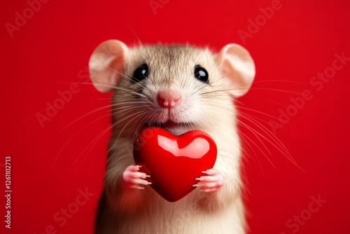 Digital ads concept art. Cute rat baby with companion toy red heart - symbol of love, funny greeting card. Rat - my desired animal. Advertising concept. Zoo adventure valentines ideas.