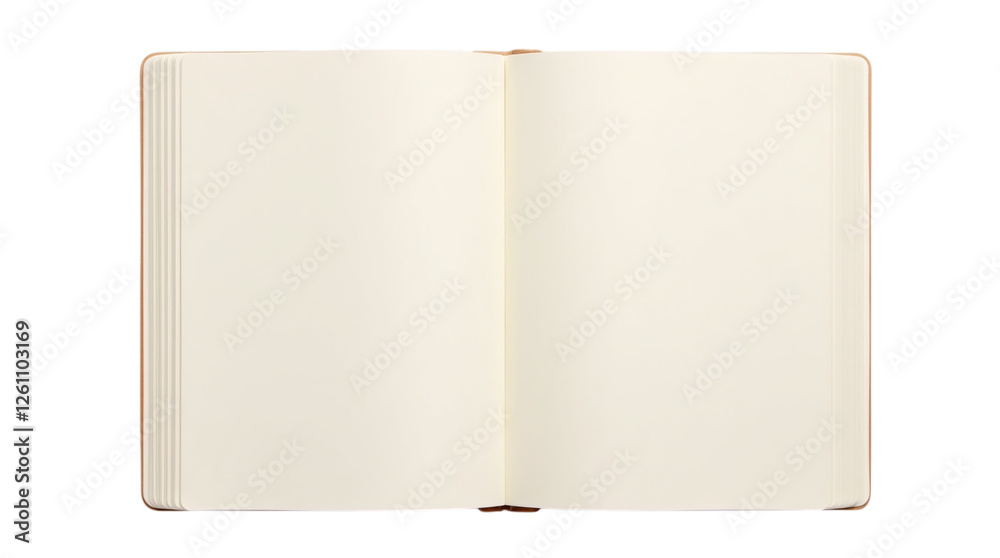 Open Blank Notebook with Cream Pages and Brown Cover Isolated on a Transparent Background PNG. Open Blank Notebook with Cream Pages and Brown Cover Isolated on a Transparent Background PNG.