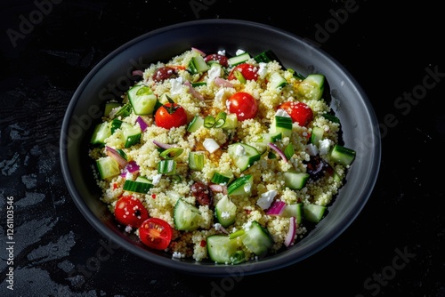 Colorful Couscous Dish with Golden Couscous and Crunchy Cucumber