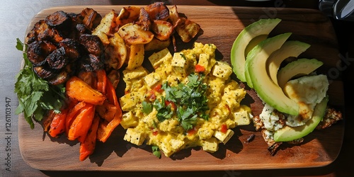 Hearty Vegan Brunch Board: A vibrant and delicious vegan brunch platter featuring tofu scramble, roasted potatoes, sauteed mushrooms, carrots, avocado, and spinach, served on a rustic wooden board.