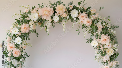 Romantic floral arch adorned with soft pastel blooms creating a picturesque wedding backdrop