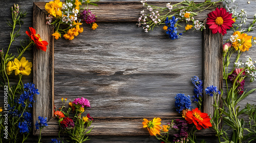 Rustic wooden frame embellished with vibrant wildflowers for capturing wedding moments