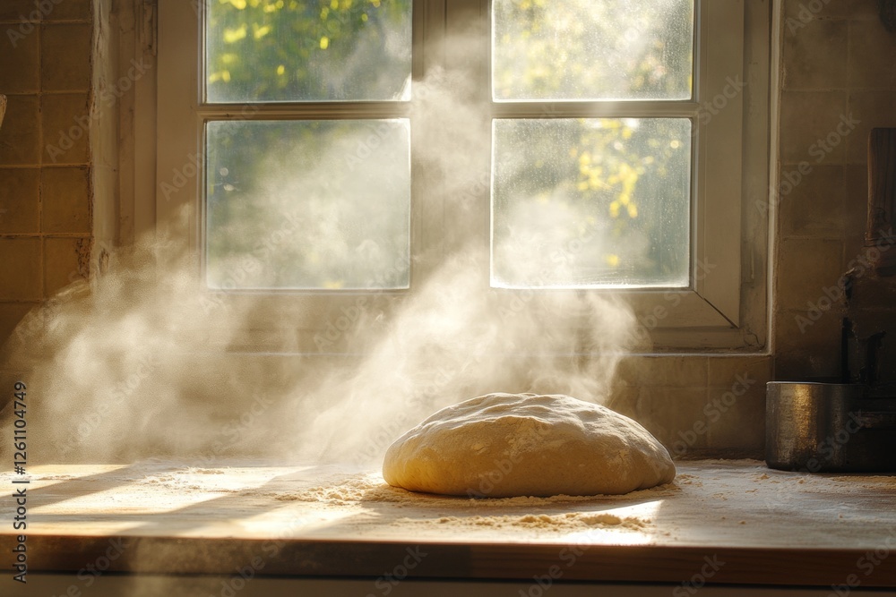 In a warm kitchen, dough rises on a wooden surface as sunlight pours through a window, creating a serene and inviting baking atmosphere. Flour dust dances in the warm air In a warm kitchen, dough rises on a wooden surface as sunlight pours through a window, creating a serene and inviting baking atmosphere. Flour dust dances in the warm air