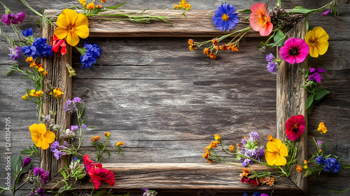 Rustic wooden frame embellished with vibrant wildflowers for capturing wedding moments