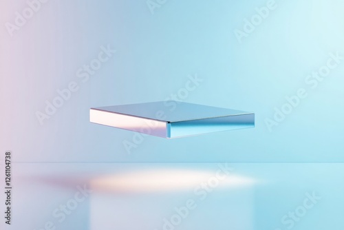 floating metallic structure with reflective silver surfaces glowing softly in clean futuristic environment surrounded