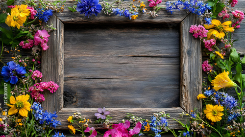 Rustic wooden frame embellished with vibrant wildflowers for capturing wedding moments
