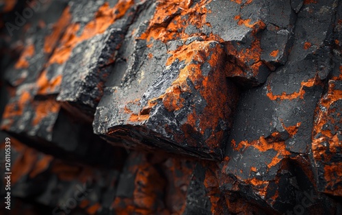 Textured black and orange rock formation in natural setting conveying geological beauty