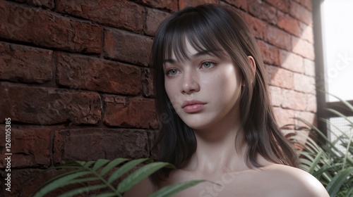 Realistic portrait of a young woman with long hair standing against a brick wall surrounded by plants