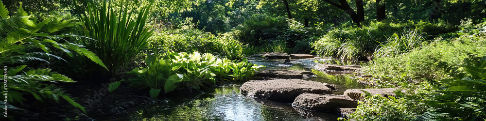 Fototapeta premium Garden Stream with Stepping Stones and Lush Vegetation