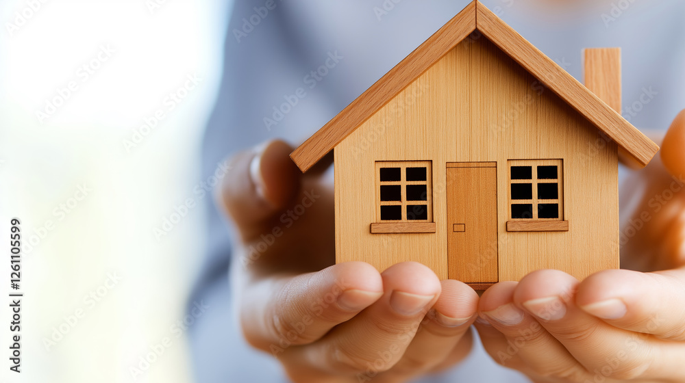 Close up of cupped hands carefully holding a miniature wooden house, symbolizing property ownership, investment, and the dream of homeownership Close up of cupped hands carefully holding a miniature wooden house, symbolizing property ownership, investment, and the dream of homeownership