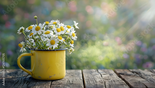 bouquet of daisies in a vase, Yellow Enamel Mug Overflowing With Fresh Daisies