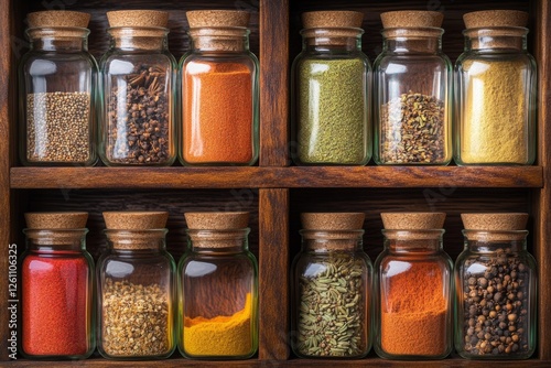 Fototapeta Naklejka Na Ścianę i Meble -  An exquisite spice rack features glass jars filled with an array of spices arranged in a beautiful gradient of colors. The rustic wooden shelf enhances the presentation of the spices