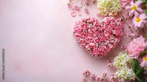 Heart-shaped arrangement of pink roses and assorted flowers on a soft pastel background