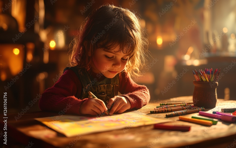 Child focused on coloring with crayons in cozy, warm-lit room during afternoon Child focused on coloring with crayons in cozy, warm-lit room during afternoon