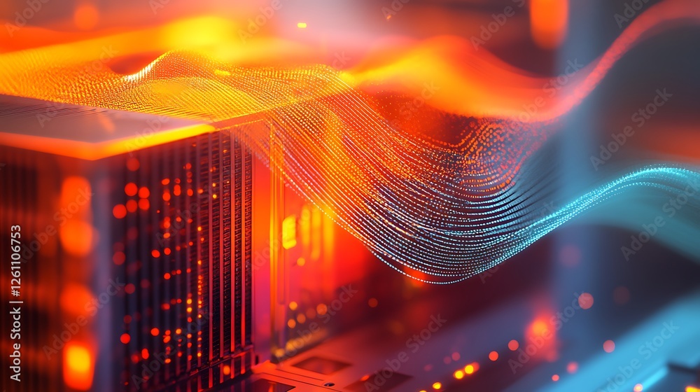 Fototapeta premium Digital Wave in Futuristic Server Room, A digital wave of orange particles flows through a futuristic server room