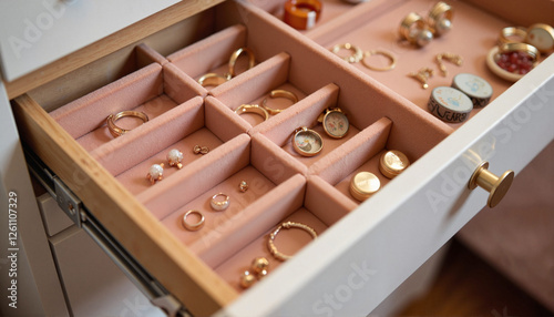 Jewelry organizer drawer with various rings, earrings, and accessories on soft pink background