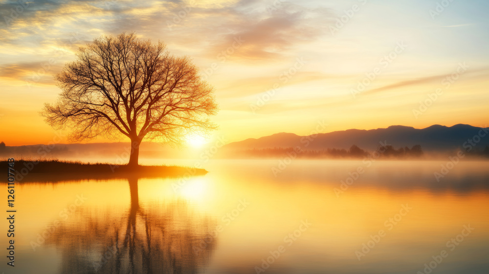 Golden light streams through a tree by a reflective river at sunrise, creating a picturesque and minimalist scene Golden light streams through a tree by a reflective river at sunrise, creating a picturesque and minimalist scene