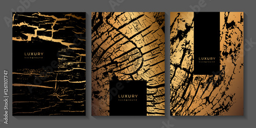 Set of golden wooden templates. Luxury golden background with wood annual rings texture. Stamp of tree trunk in section. Dry wood texture with cracks