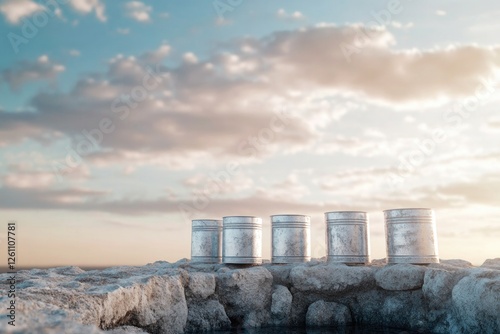 line of empty water containers in front of dry well symbolizing lack of basic necessities with negative space for overlays photo