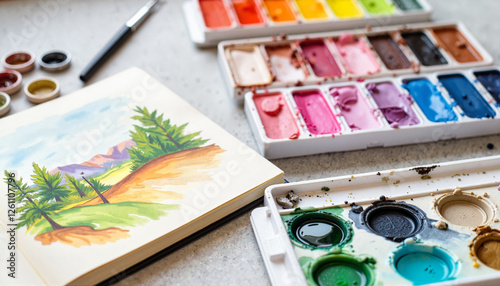 Art class assignment with watercolor palette, paintbrush, and landscape painting on table