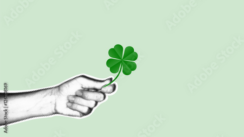 Human hand in dotted pop art style holding green four leaf clover on pastel mint green background with copy space. St. Patricks Day banner, card, social media, template. Lucky charm.