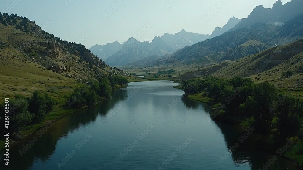 Mountain valley reflecting lake, aerial view, tranquil scenery Mountain valley reflecting lake, aerial view, tranquil scenery