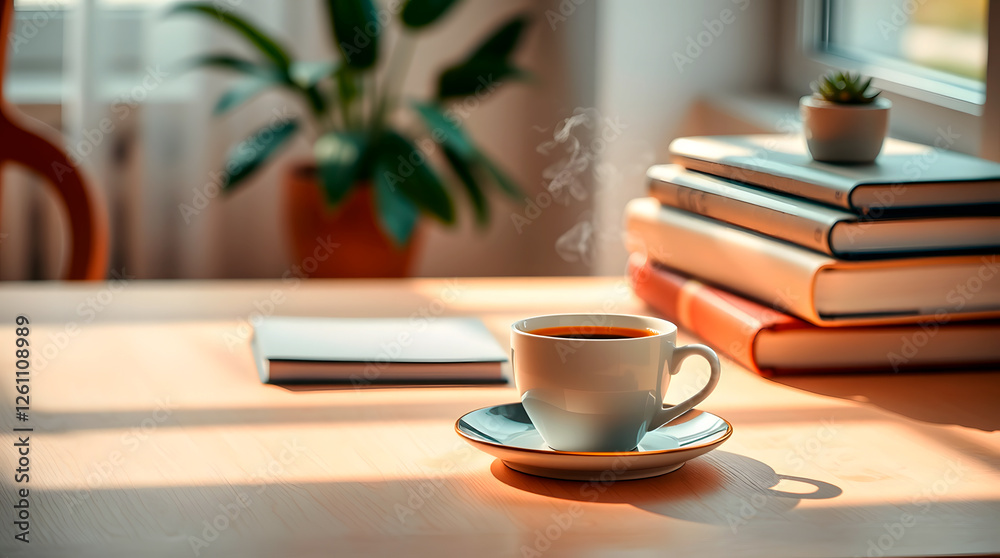Cup of coffee at home, study and relaxation time in a warm and comfortable environment, generated image Cup of coffee at home, study and relaxation time in a warm and comfortable environment, generated image