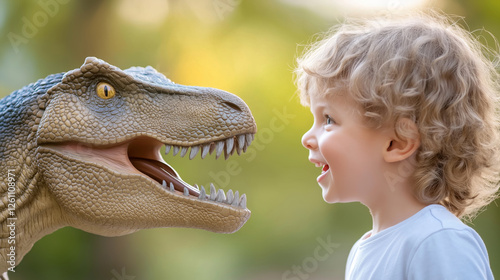 Happy child playing with a toy dinosaur outdoors, learning and having fun with prehistoric creatures