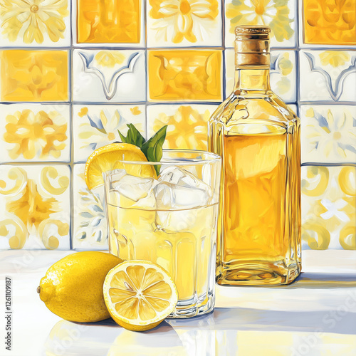 Illustration of Limoncello liqueur with ice and lemon
