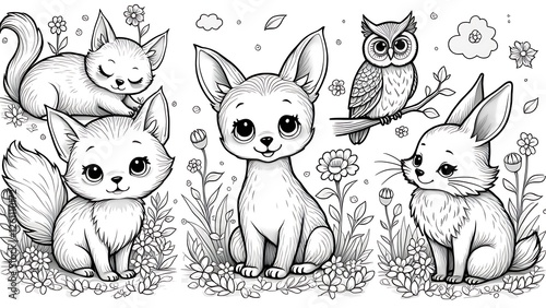 Cute Foxes and Dog, cat Coloring Page  Adorable Forest Animals Line Art, hand drawn sketch coloring page for kids, set of animals isolated background.