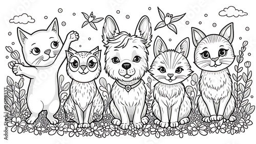 Cute Foxes and Dog, cat Coloring Page  Adorable Forest Animals Line Art, hand drawn sketch coloring page for kids, set of animals isolated background.